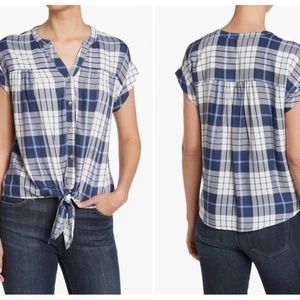 Plaid Short Sleeve Tie Front Shirt
